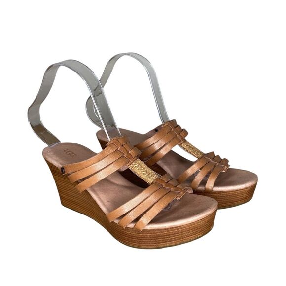 UGG Women’s Sandals Size 8 Mattie Wedge Platform Strappy Slip On Leather Tan - Picture 2 of 11